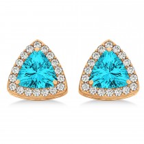 Trilliant Cut Blue & White Diamond Halo Earrings 14k Rose Gold (1.07ct)