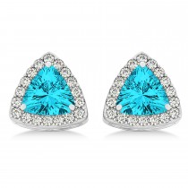 Trilliant Cut Blue & White Diamond Halo Earrings 14k White Gold (1.07ct)