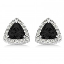 Trilliant Cut Black & White Diamond Halo Earrings 14k White Gold (1.07ct)