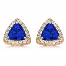 Trilliant Cut Blue Sapphire & Diamond Halo Earrings 14k Rose Gold (0.93ct)