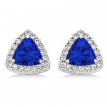 Trilliant Cut Blue Sapphire & Diamond Halo Earrings 14k White Gold (0.93ct)