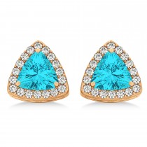 Trilliant Cut Blue Topaz & Diamond Halo Earrings 14k Rose Gold (0.93ct)