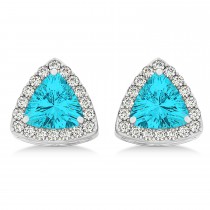 Trilliant Cut Blue Topaz & Diamond Halo Earrings 14k White Gold (0.93ct)