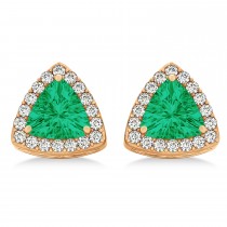 Trilliant Cut Emerald & Diamond Halo Earrings 14k Rose Gold (0.93ct)