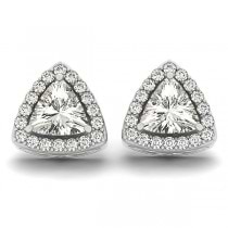 Trilliant Cut Moissanite & Diamond Halo Earrings 14k White Gold (1.07ct)