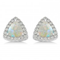 Trilliant Cut Opal & Diamond Halo Earrings 14k White Gold (0.93ct)