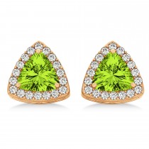 Trilliant Cut Peridot & Diamond Halo Earrings 14k Rose Gold (0.93ct)
