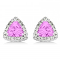 Trilliant Cut Pink Sapphire & Diamond Halo Earrings 14k White Gold (0.93ct)