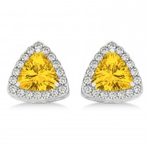 Trilliant Cut Yellow Sapphire & Diamond Halo Earrings 14k White Gold (0.93ct)