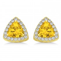 Trilliant Cut Yellow Sapphire & Diamond Halo Earrings 14k Yellow Gold (0.93ct)