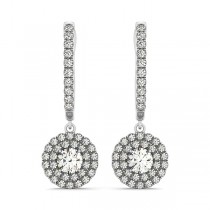 Diamond Double Halo Round Dangle Earrings in 14k White Gold (1.00ct)