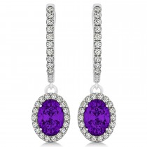 Oval Halo Diamond & Amethyst Drop Earrings in 14k White Gold 1.30ct