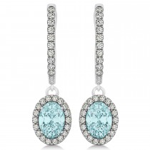 Oval Halo Diamond & Aquamarine Drop Earrings in 14k White Gold 1.20ct