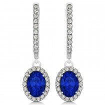 Oval Halo Diamond & Blue Sapphire Drop Earrings in 14k White Gold 1.60ct