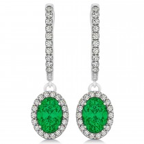 Oval Halo Diamond & Emerald Drop Earrings in 14k White Gold 1.44ct