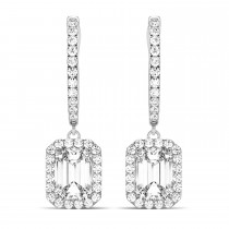 Emerald Shape Diamond Halo Dangling Earrings 14k White Gold (1.50ct)