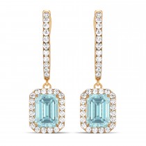 Emerald Shape Aquamarine & Diamond Halo Dangling Earrings 14k Rose Gold (1.50ct)