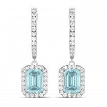 Emerald Shape Aquamarine & Diamond Halo Dangling Earrings 14k White Gold (1.50ct)