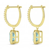 Emerald Shape Aquamarine & Diamond Halo Dangling Earrings 14k Yellow Gold (1.50ct)