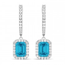 Emerald Shape Blue Diamond & Diamond Halo Dangling Earrings 14k White Gold (1.50ct)