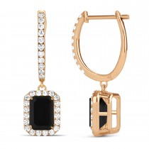 Emerald Shape Black Diamond & Diamond Halo Dangling Earrings 14k Rose Gold (1.50ct)