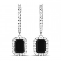Emerald Shape Black Diamond & Diamond Halo Dangling Earrings 14k White Gold (1.50ct)