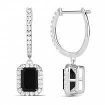 Emerald Shape Black Diamond & Diamond Halo Dangling Earrings 14k White Gold (1.50ct)