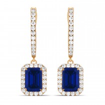 Emerald Shape Lab Blue Sapphire & Diamond Halo Dangling Earrings 14k Rose Gold (1.90ct)