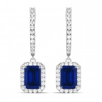 Emerald Shape Blue Sapphire & Diamond Halo Dangling Earrings 14k White Gold (1.90ct)