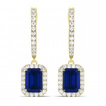 Emerald Shape Blue Sapphire & Diamond Halo Dangling Earrings 14k Yellow Gold (1.90ct)