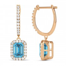 Emerald Shape Blue Topaz & Diamond Halo Dangling Earrings 14k Rose Gold (1.80ct)
