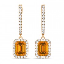 Emerald Shape Citrine & Diamond Halo Dangling Earrings 14k Rose Gold (1.60ct)
