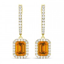 Emerald Shape Citrine & Diamond Halo Dangling Earrings 14k Yellow Gold (1.60ct)