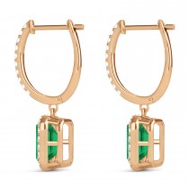 Emerald Shape Emerald & Diamond Halo Dangling Earrings 14k Rose Gold (1.70ct)