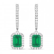 Emerald Shape Lab Emerald & Diamond Halo Dangling Earrings 14k White Gold (1.70ct)