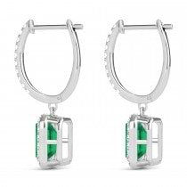 Emerald Shape Lab Emerald & Diamond Halo Dangling Earrings 14k White Gold (1.70ct)