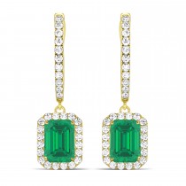 Emerald Shape Lab Emerald & Diamond Halo Dangling Earrings 14k Yellow Gold (1.70ct)