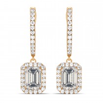 Emerald Shape Moissanite & Diamond Halo Dangling Earrings 14k Rose Gold (1.56ct)