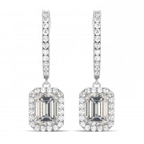 Emerald Shape Moissanite & Diamond Halo Dangling Earrings 14k White Gold (1.56ct)