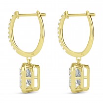 Emerald Shape Moissanite & Diamond Halo Dangling Earrings 14k Yellow Gold (1.56ct)