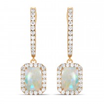 Emerald Shape Opal & Diamond Halo Dangling Earrings 14k Rose Gold (2.10ct)