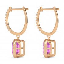 Emerald Shape Lab Pink Sapphire & Diamond Halo Dangling Earrings 14k Rose Gold (1.90ct)