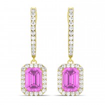 Emerald Shape Pink Sapphire & Diamond Halo Dangling Earrings 14k Yellow Gold (1.90ct)