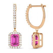 Emerald Shape Pink Topaz & Diamond Halo Dangling Earrings 14k Rose Gold (1.80ct)