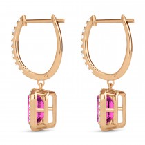 Emerald Shape Pink Topaz & Diamond Halo Dangling Earrings 14k Rose Gold (1.80ct)