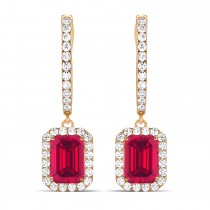 Emerald Shape Lab Ruby & Diamond Halo Dangling Earrings 14k Rose Gold (1.90ct)