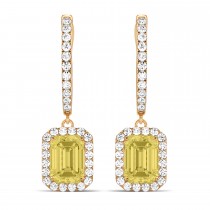Emerald Shape Yellow Diamond & Diamond Halo Dangling Earrings 14k Rose Gold (1.50ct)