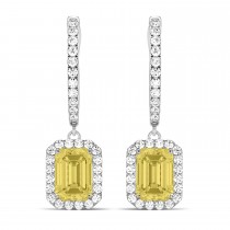 Emerald Shape Yellow Diamond & Diamond Halo Dangling Earrings 14k White Gold (1.50ct)