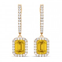 Emerald Shape Yellow Sapphire & Diamond Halo Dangling Earrings 14k Rose Gold (1.90ct)