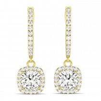 Cushion Shape Lab Diamond Halo Dangling Earrings 14k Yellow Gold (2.18ct)